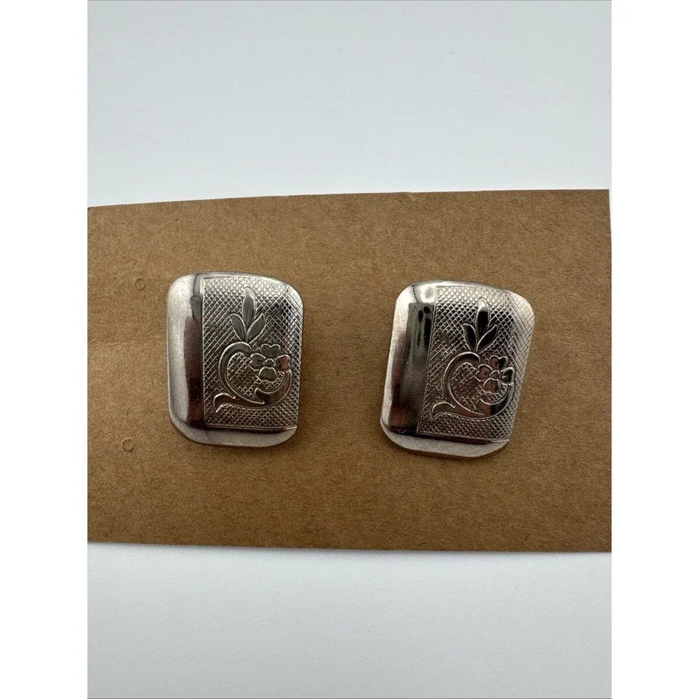 Vintage Engraved Pair‎ Floral Scroll Cufflink Rounded Edges Rectangular Shiny